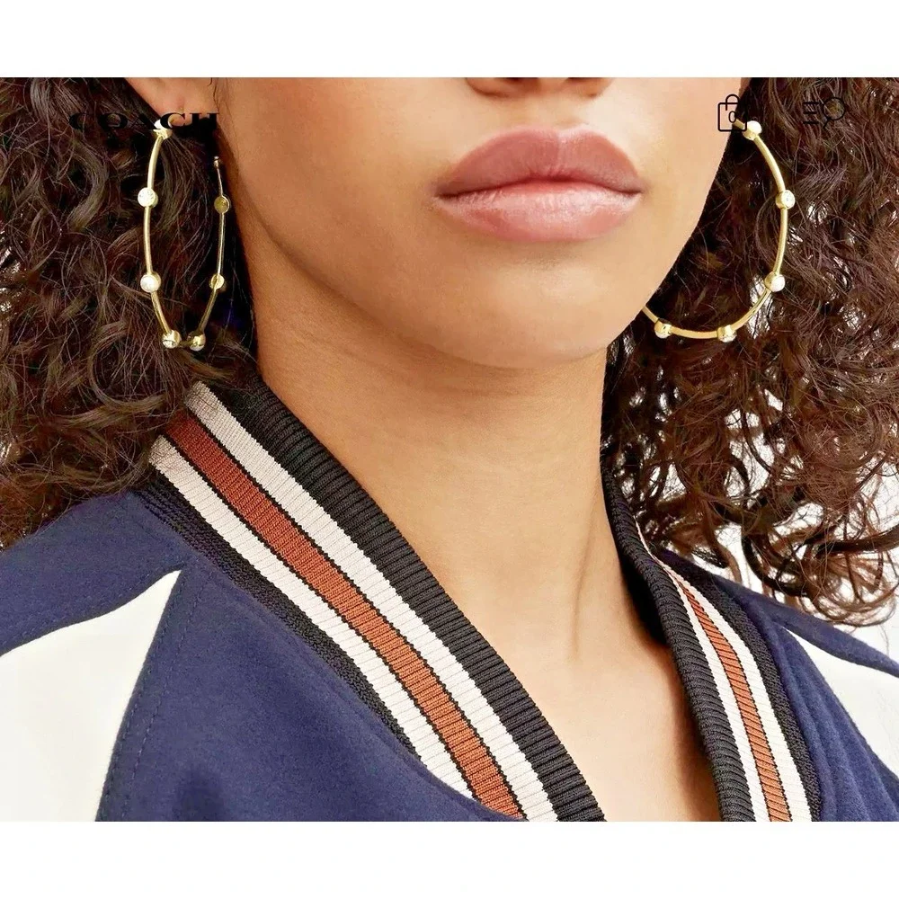 Coach Classic Pearl Large Hoop Earrings Plated Brass Hypoallergenic CZ Elegant‎